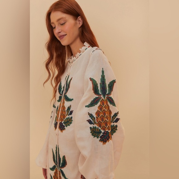 Farm Rio: Light Pink Cross Stitch Pineapple Embroidered Midi Dress - Picture 3 of 12